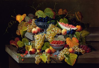 Stillleben mit Melone, Pflaumen, Trauben, Pfirsichen, Kirschen, Erdbeeren usw. auf Steinsimsen von Severin Roesen